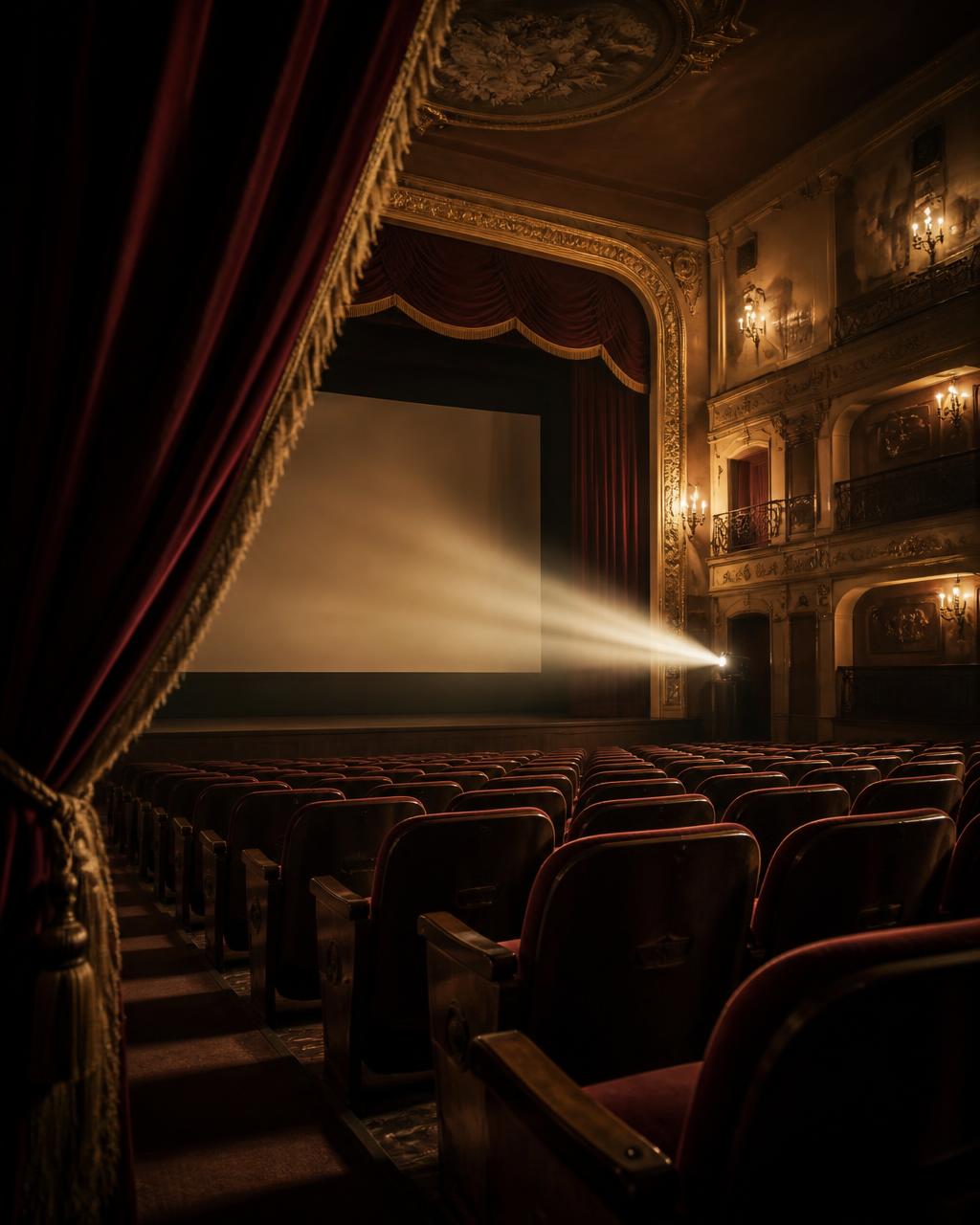 Interior de un teatro histórico con cortinas de terciopelo y un haz de proyector